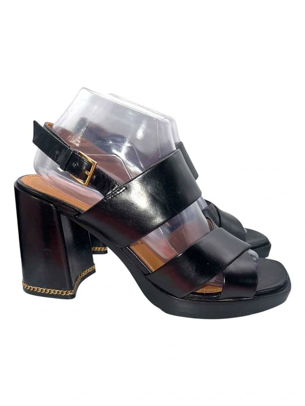 Tory Burch‎ Ruby Chain Slingback Block Heel Sandals Black Leather Size 9